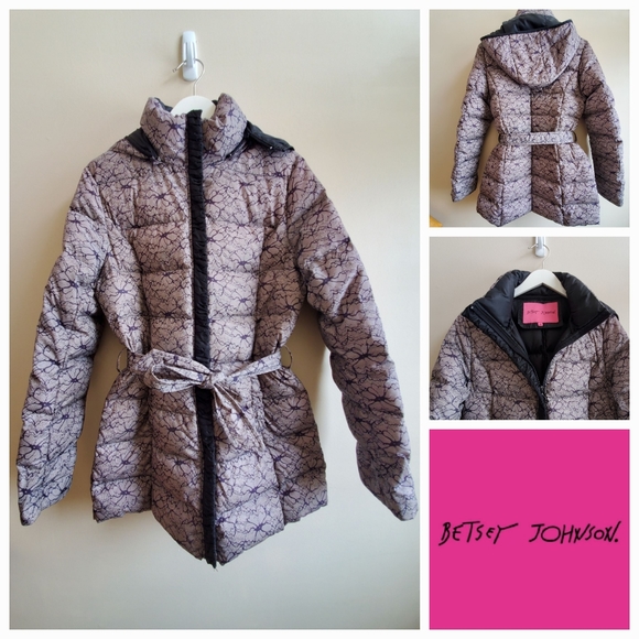 Betsey Johnson brown floral lace print down winter coat with detachable hood, M - Picture 1 of 15